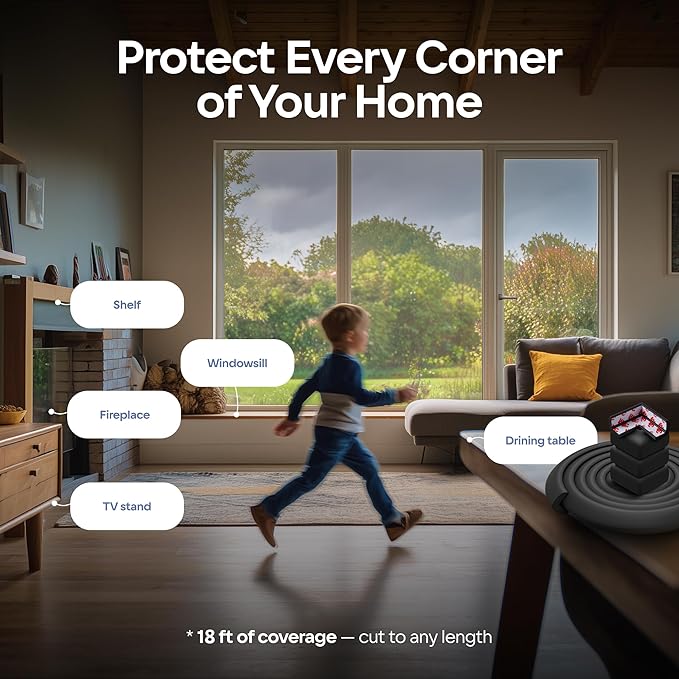 Baby Proof Corners and Edges with Furniture Corner & Edge Safety Bumpers, Impact-Absorbent 18ft Bumper & 8 Foam Corner Protectors, Cushy, Thick, Odorless Table Edge Protectors for Baby, Child | Black