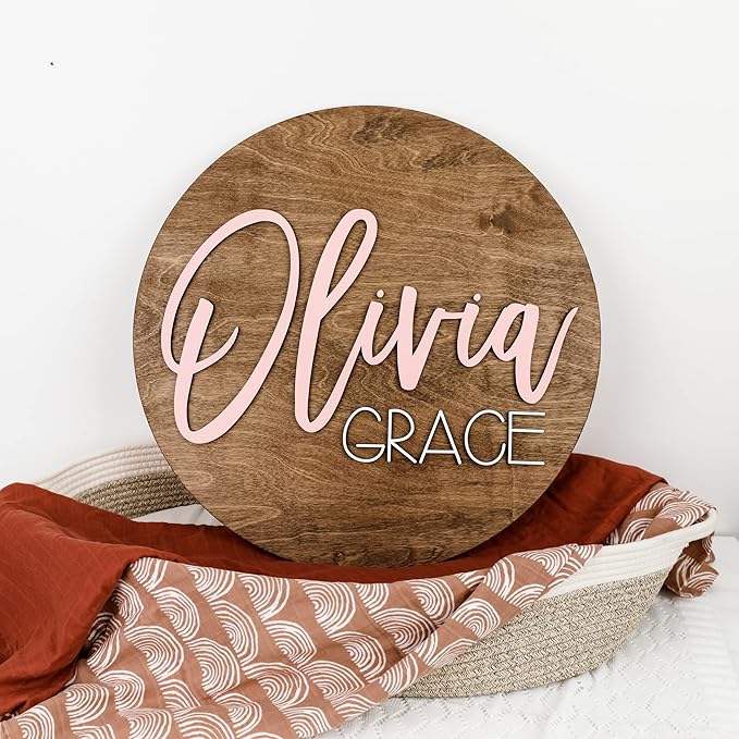 Custom Round Nursery Name Sign, Personalized Wooden Wall Plaque, 12" 18" 24" 30" 3D Wall Art for Children & Kids Rooms, Baby Shower, Hickory Hollow Designs (Olivia Grace)