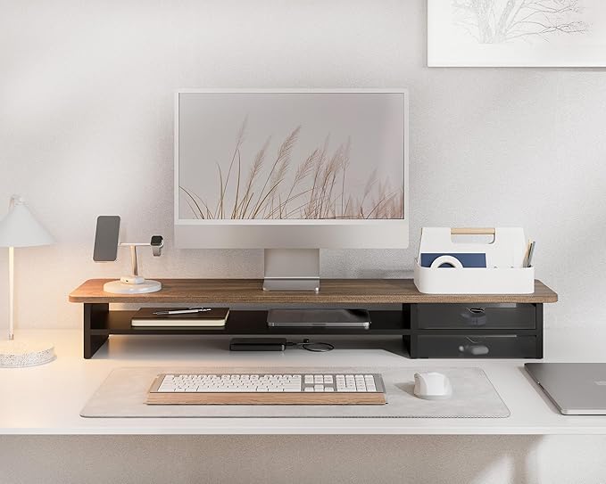 Fenge Monitor Stand, Dual Monitor Riser, 42.5inch Large Desk Computer Monitor Stand Riser with Drawer, 2 Tier Wood & Acrylic Desktop Organizer for Computer, Laptop, Printer, TV Screen Riser