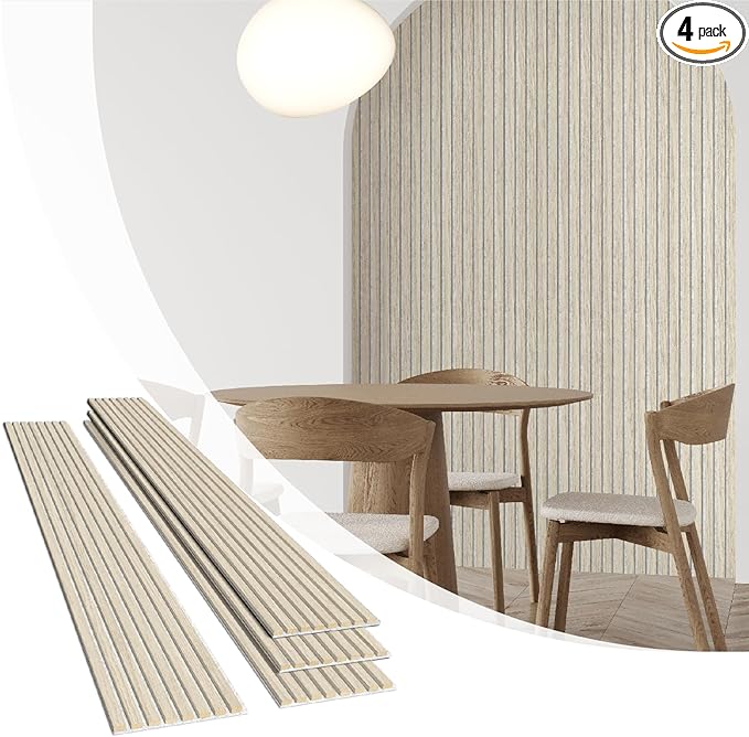Olanglab Wood Slat Wall Panels 4 Pack, Wooden Acoustic Wall Panels, 94.5"x12.6" Each 3D Wall Panels for Interior Wall Decor (Light Oak-Grey Felt-Extendo Trio)