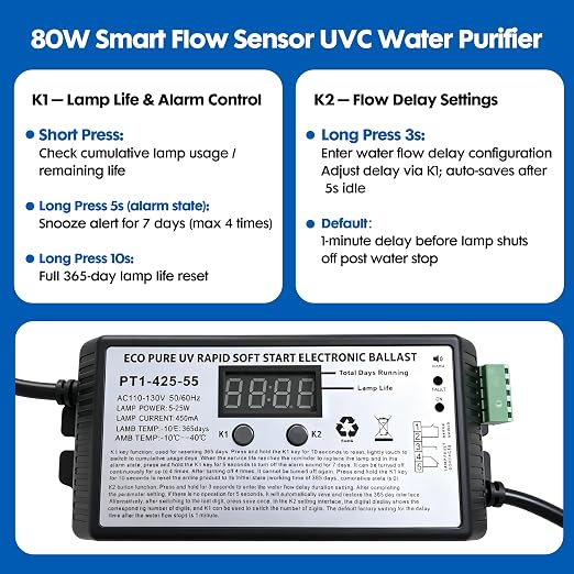 Whole House UV Water Filter System 80W 120V, 12GPM High Flow Whole Home Water Purifier with 1” MNPT Ports Equipped with Intelligent Water Flow Switch | UV water treatment system for city & well supply; Smart flow sensor enables fully auto-runs and exte...