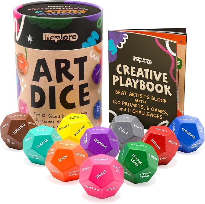 Art Dice – 12-Sided Wooden Dice with 120 Prompts to Help You Decide What to Draw or Paint – Creative Playbook with Games and Activities – Fun, Inspiring Gift for Artists of All Levels