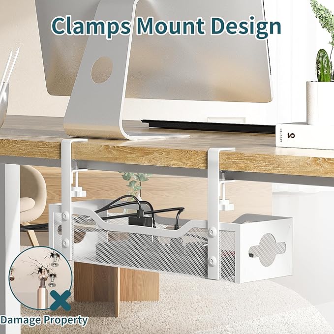 Under Desk Cable Management Tray White, Litwaro Cable Management Under Desk No Drill, Cable Organizer with Clamp for Wire Management, Cord Organizer for Office, Home No Damage to Desk