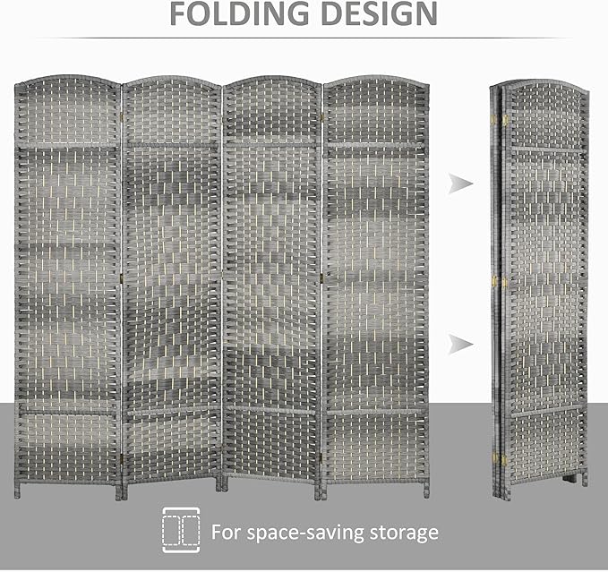 HOMCOM 4 Panel Room Divider, 6' Tall Folding Privacy Screen, Hand-Woven Freestanding Wood Partition for Home Office, Bedroom, Mixed Gray