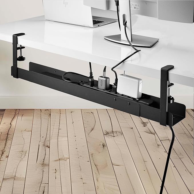 StarTech.com Under Desk Cable Management Tray, Length Adjustable, Clamp-On Installation, No Drilling Required, Black