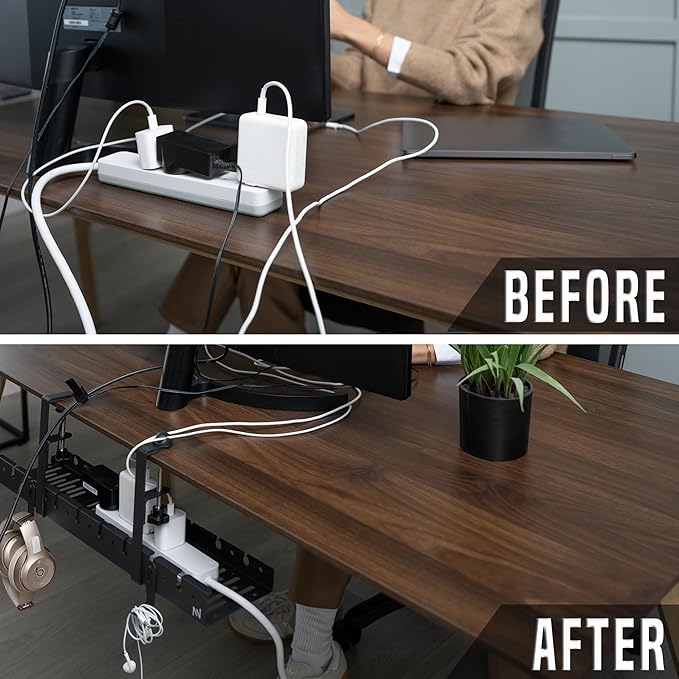 No Drill Under Desk Cable Management Tray - Extendable 16" to 31" Sturdy Steel Desk Cord Hider Raceway - Under Desk Cable Tray Holder with 38 Wire & Cable Rack Organizer Accessories - Black