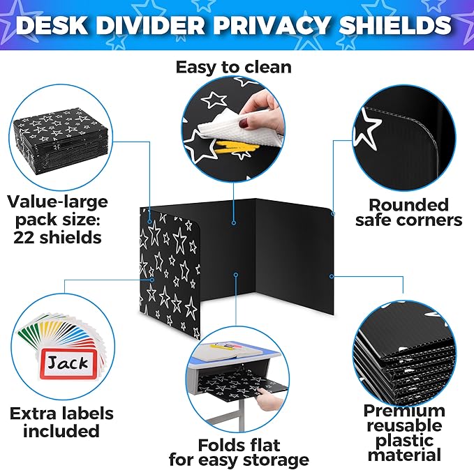 22-Pack Desk Dividers for Students - Star, Durable & Waterproof Plastic Study Carrel Divider, Classroom Folders Teacher Supplies, Easy-to-Clean Plastic Privacy Shield Folder Boards for Student Desks