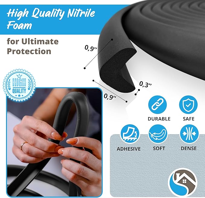 Premium 12ft Edge Protector for Baby, Odorless & Waterproof Edge Protector with 3M Adhesive Tape, Non-Toxic to Baby Proof Corners and Edges, Wall Corner Protector & Desk Edge Cushion Black