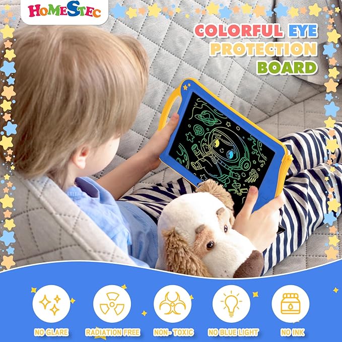 HOMESTEC Astrodraw Drawing Pad Toys, Colorful LCD Writing Tablet for Kids, Doodle Board for Toddlers 3 4 5 6 Years Old, Travel Sensory Space Toy for Boys Girls, Birthday Gift Idea (Blue/Yellow)