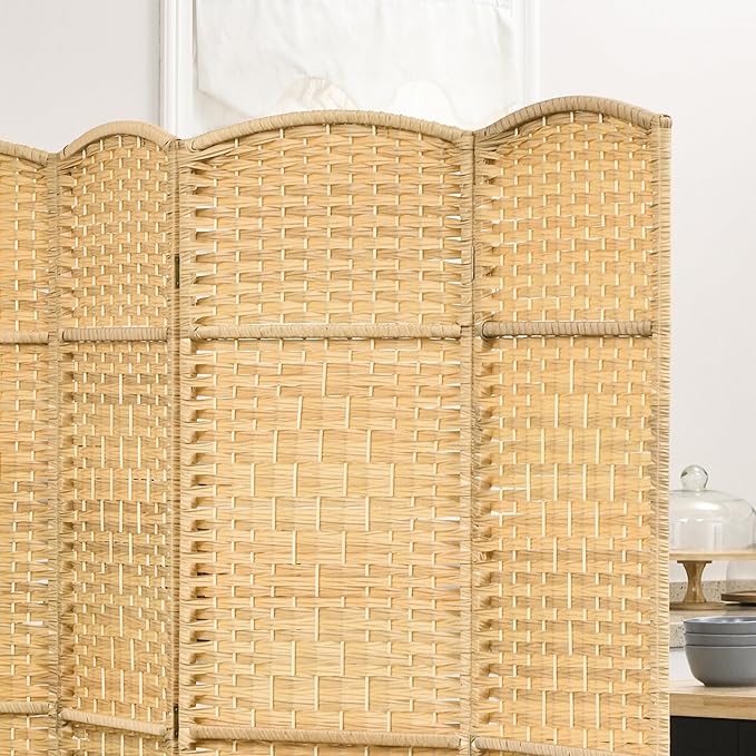 HOMCOM 4 Panel Room Divider, 6' Tall Folding Privacy Screen, Hand-Woven Freestanding Wood Partition for Home Office, Bedroom, Nature Wood