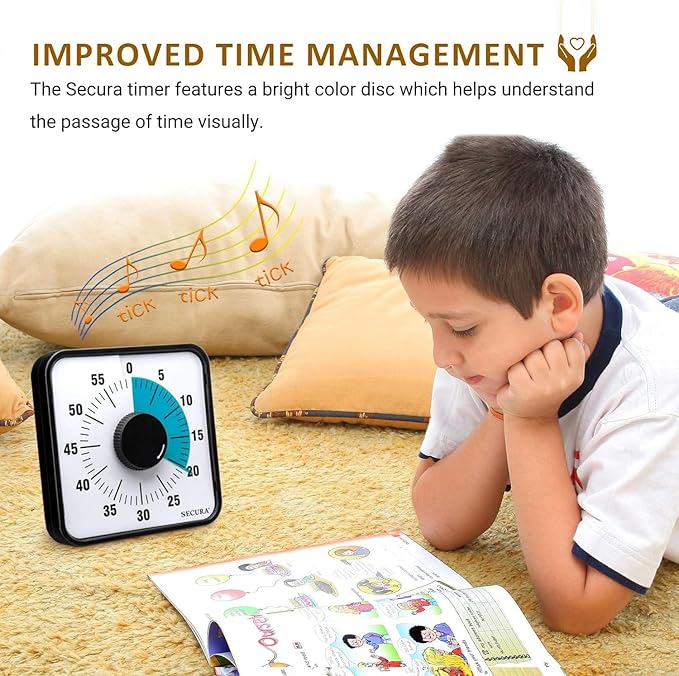 Secura 60-Minute Visual Countdown Timer, 7.5-Inch Oversize Classroom Visual Timer for Kids and Adults, Durable Mechanical Kitchen Timer Clock with Magnetic Backing (Blue)