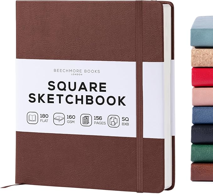 Beechmore Books Square Sketchbook – 8x8 Premium Vegan Leather Bound Large Sketch Book Hardcover with 156 Thick 160gsm Perforated Ivory Pages, Blank Sketch Pad, Gift Boxed Back Pocket, Ribbon Bookmark