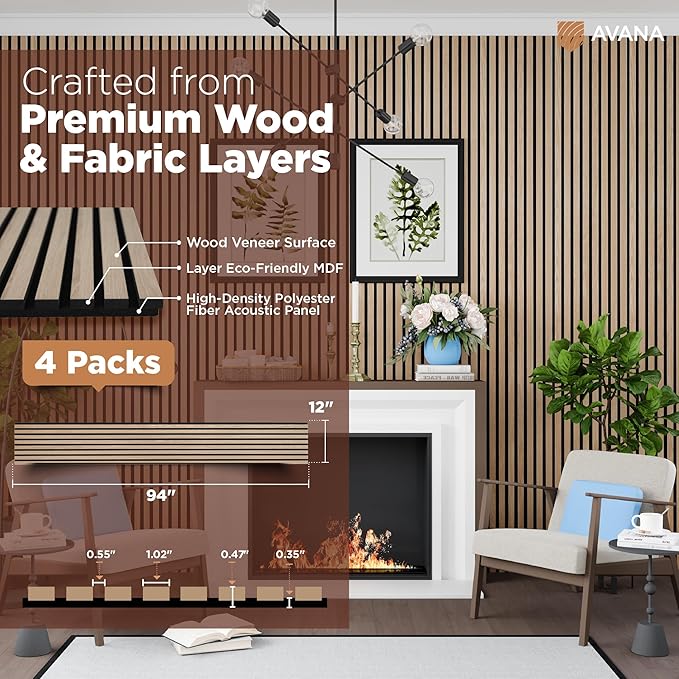 Avana Acoustic Wood Wall Panels – 94.4 X 12.6 Inch White Oak Acoustic Panels 4 PCs – Wall Panels For Interior Wall Decor For Homes, Offices, Studios – Sturdy And Durable Wood Panels For Wall