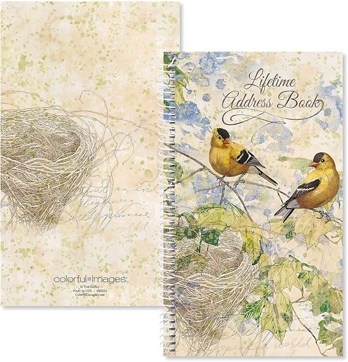 Current Feathered Nest Address Book - 94 Pages; Small 5" x 8-1/2" Size for Purse or Office, Spiral Bound Soft Cover Organizer for Contacts, Addresses, Email, & Phone Numbers + 50 Replacement Stickers