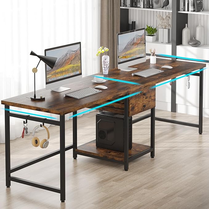 Tribesigns Two Person Desk, 79 Inch Double Desk with 2 Drawers, Large Computer Desk Long Desks with Storage Shelves, Writing Table Study Desk for Home Office, Rustic Brown (NY001)