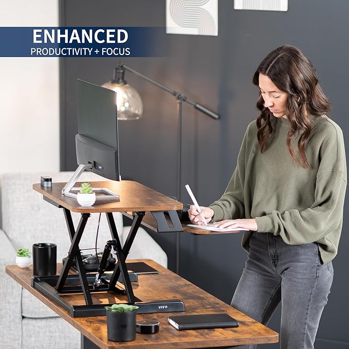 VIVO 26 inch Desk Converter, K Series, Height Adjustable Sit to Stand Riser, Dual Monitor and Laptop Workstation with Keyboard Tray, Rustic Vintage Brown Top, Black Frame, DESK-V026KN