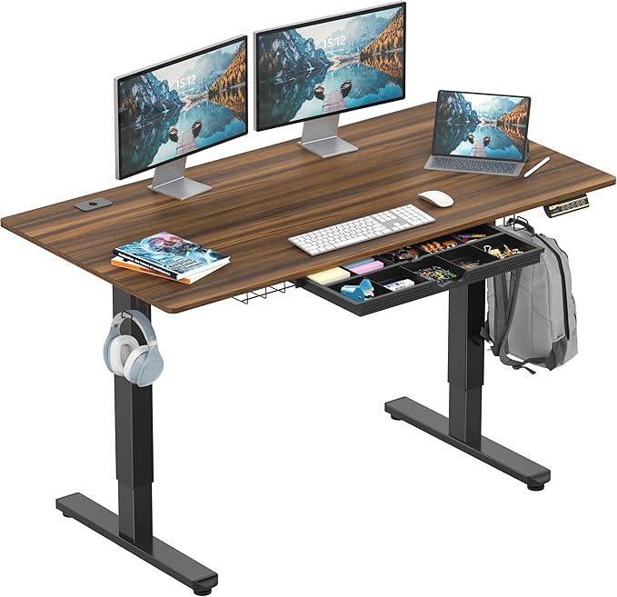 SHW 55 x 28 Inches Electric Height Adjustable Standing Desk with Drawer and Memory Preset, Walnut
