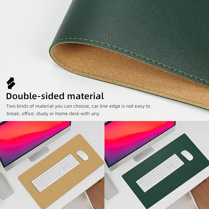 AFIING Dual-Sided Desk Pad, Natural Cork & PU Leather, Desk Mat Protector Non-Slip, Waterproof, Easy Clean,Large Mouse mats for Office and Home Work(Dark Green, 31.5"x17")