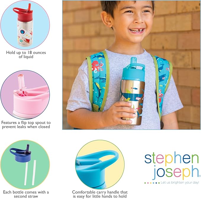 Stephen Joseph Stainless Steel Water Bottles, 18 OZ, Straw lid, Reusable tumbler, Insulated, Rainbow