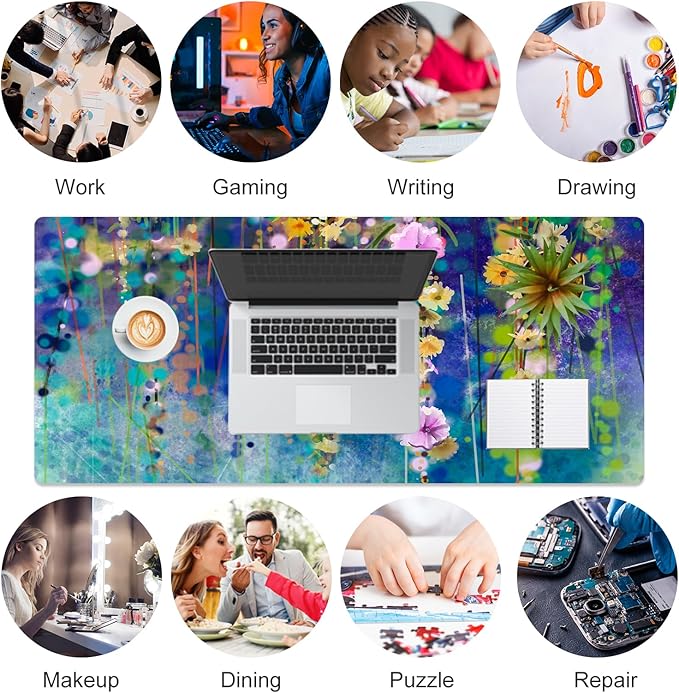 QIYI Large Desk Pad, Waterproof PU Leather Mouse Pad for Desktop, Blue Green Floral Home Décor Office Desk Accessories, Non Slip Desk Mat Writing Pads for Home Office 31.5" x 15.7" - Ivy Flowers
