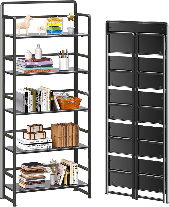 4NM No Assembly 5 Tiers Folding Bookshelf Storage Shelves Vintage Bookcase Standing Racks Study Organizer Home Office (All Black)