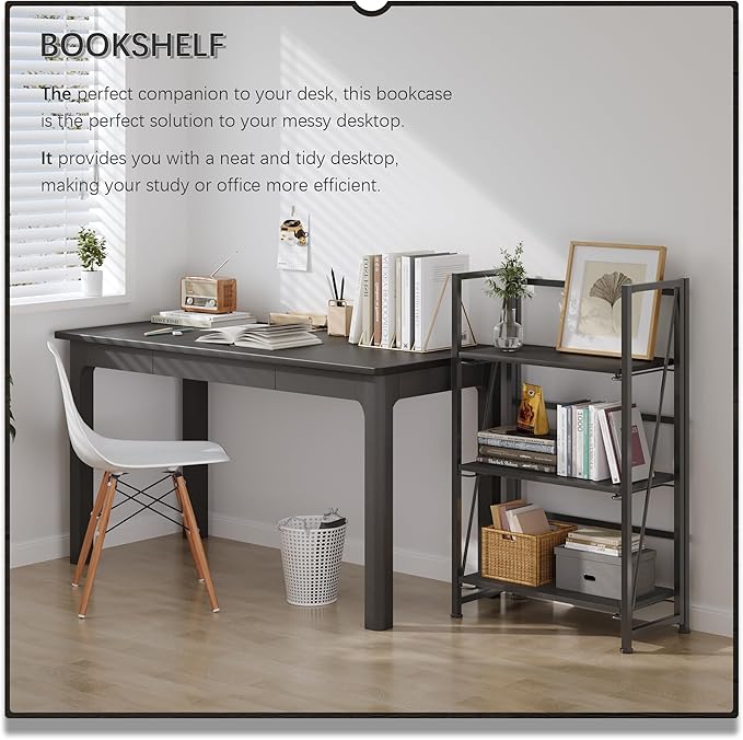 4NM No Assembly Folding Bookshelf Storage Shelves 3 Tiers Vintage Bookcase Standing Racks Study Organizer Home Office (All Black)
