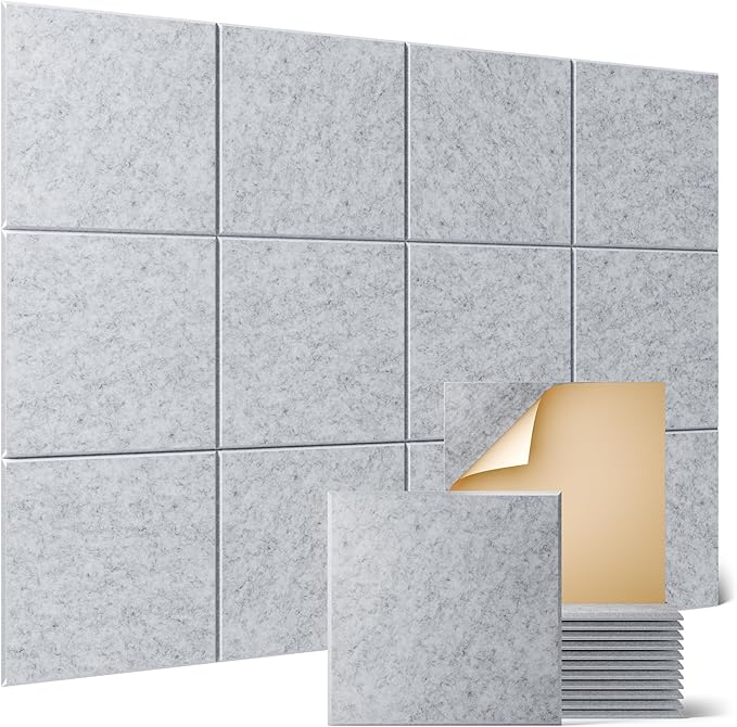Sonicism 12 Pack Acoustic Wall Panels with Self-Adhesive,12" X 12" X 0.4" Sound Proof Foam Panels, Decorative Soundproof Wall Panels, Sound Proof Absorbing Tiles for Home&Offices, Silver Gray
