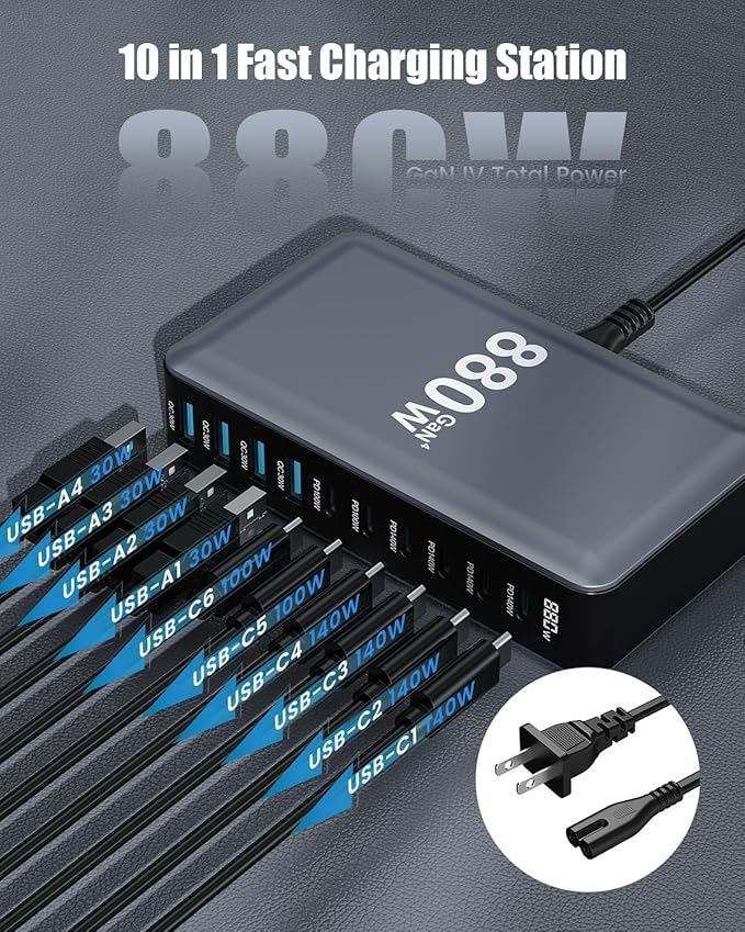 880W USB C Charger Block,10-Port USB C Charging Station GaN IV Travel Essentials Multiple Port Charging Station,100W Laptop Fast Charger Adapter for MacBook Pro/Air,DELL,iPad,iPhone,Samsung Galaxy