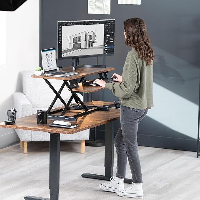 VIVO 42 inch Desk Converter, K Series, Height Adjustable Sit to Stand Riser, Dual Monitor and Laptop Workstation with Wide Keyboard Tray, Rustic Vintage Brown Top, Black Frame, DESK-V042KN