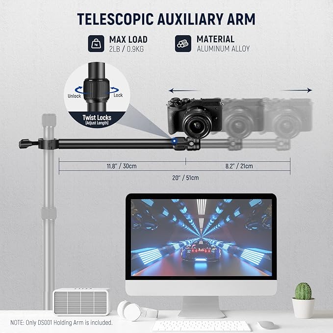 NEEWER DS001 Table Overhead Camera Mount Arm 11.8-20 inches/30-51 cm Telescopic Extension Arm for Table Stand with Ball Head Mount 1/4 Inch 3/8 Inch 5/8 Inch Screws for Webcam Camera LED Ring Light