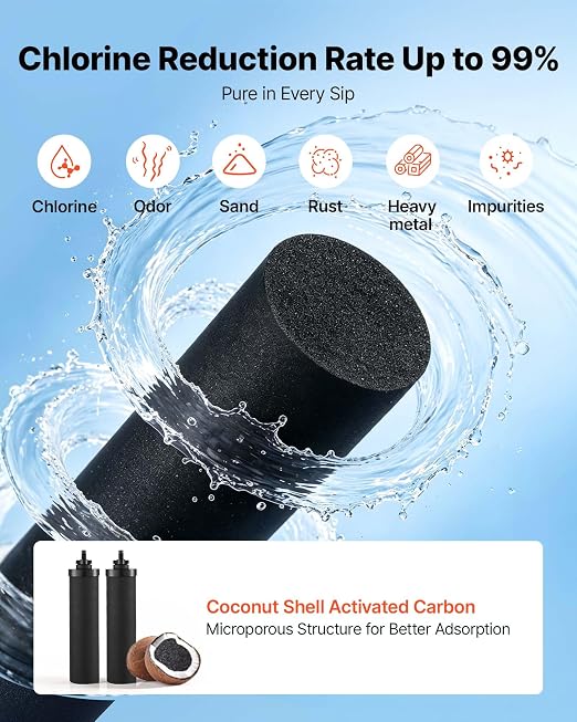 VEVOR Gravity-fed Water Filter System, 2.25G 304 Stainless-Steel Countertop Water Filtration System, Reduces Lead and up to 99% of Chlorine, w/ 2 Carbon Filter, Spigot, Stand
