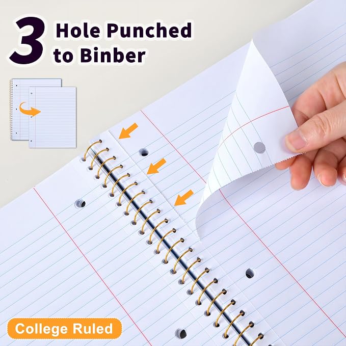Spiral Notebook College Ruled Paper 8" x 10-1/2", 1 Subject Spiral Notebook 80GSM Paper, 3-Hole Punched Perforated Pages Ideal for School, Office, Writing, 75 Sheets Lined Journaling Notebook, Blue