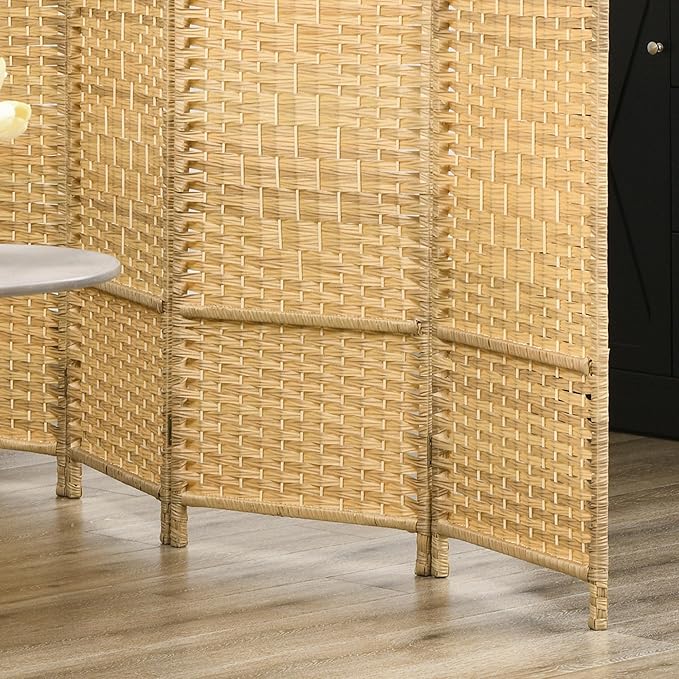 HOMCOM 4 Panel Room Divider, 6' Tall Folding Privacy Screen, Hand-Woven Freestanding Wood Partition for Home Office, Bedroom, Nature Wood