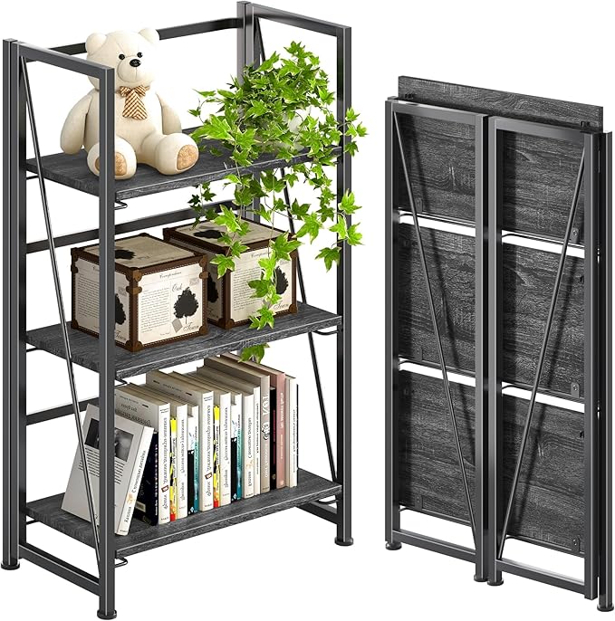 4NM No Assembly Folding Bookshelf Storage Shelves 3 Tiers Vintage Bookcase Standing Racks Study Organizer Home Office (Gray Black)