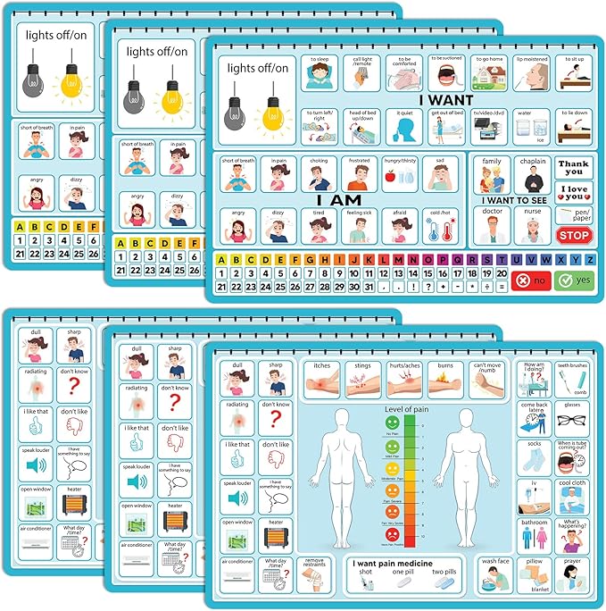6 Pcs Communication Board for Nonverbal Adults Aphasia Colorful Picture Symbol Communication Cards for Patients Children(Blue)