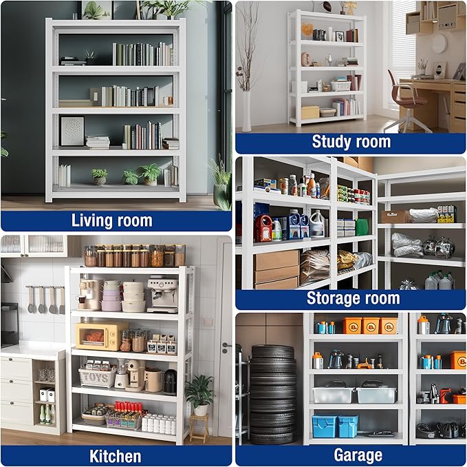 WORKPRO 3000lbs 5-Tier Shelving Unit, 72" H Adjustable Storage Shelves, Boltless Garage Shelving Unit for Garage, Kitchen, Durable Scratch-Resistant Panels, White