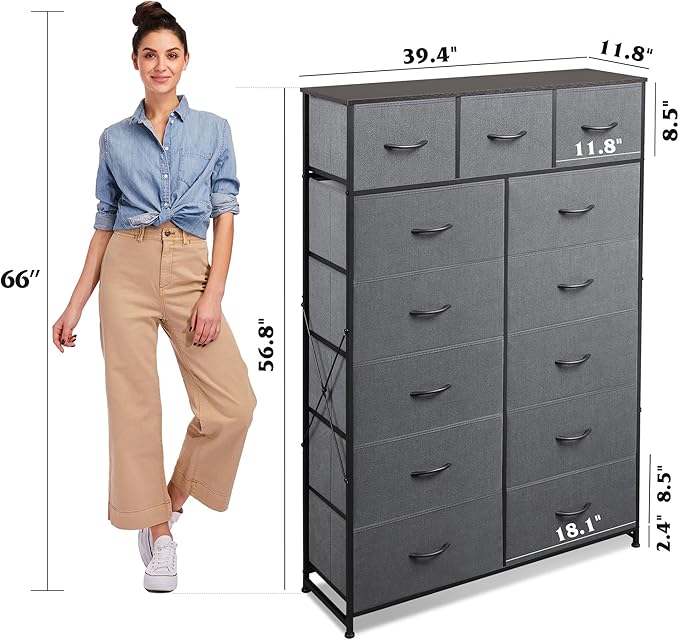 WLIVE Storage Organizer Unit with 13 Fabric Bins, Storage Drawers Organizer with Steel Frame, Tall Storage Tower Organizaton for Living Room, Hallway, Office, Dark Grey