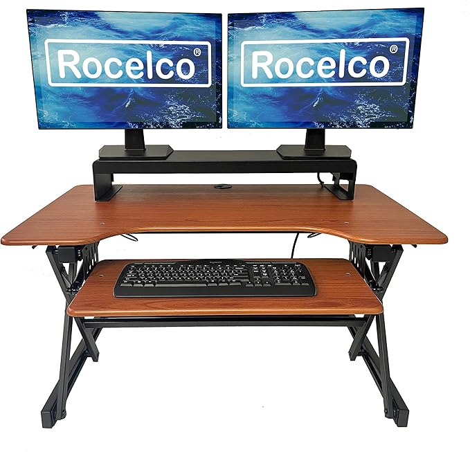 Rocelco 40" Large Height Adjustable Standing Desk Converter with Dual Monitor Stand BUNDLE - Quick Sit Stand Up Computer Workstation Riser - Retractable Keyboard Tray - Teak (R DADRT-40-DMS)
