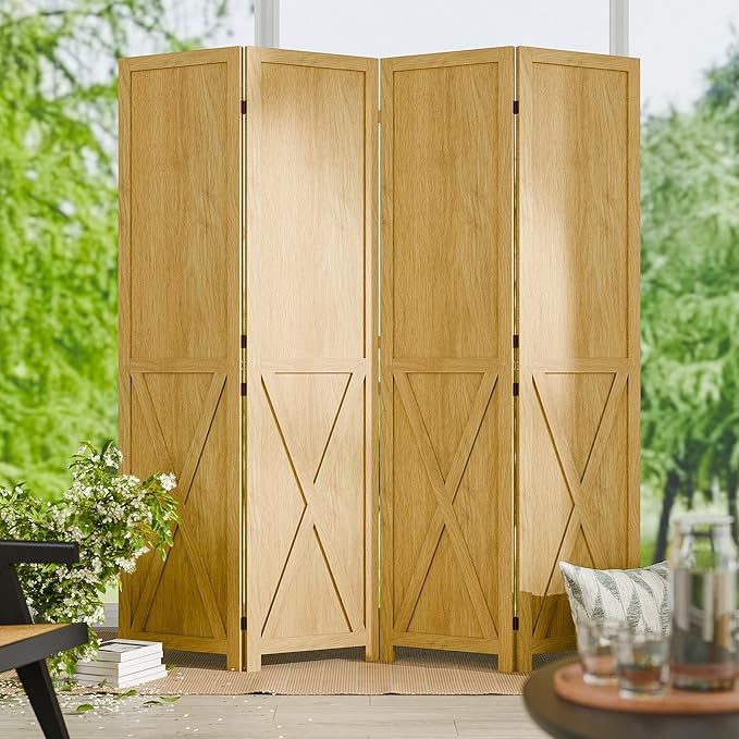 Cozy Castle Wood Room Divider, 4 Panels Folding Privacy Screen, 66.9'' Wall Divider, Barnwood Room Separator, Freestanding Partition, Temporary Wall for for Home Office Restaurant Decorative, Natural