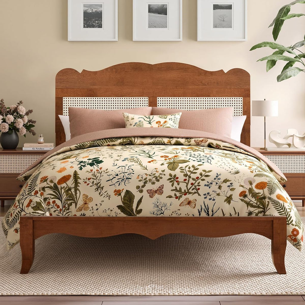 Queen Bed Frame with Headboard, Solid Wood Bedframe