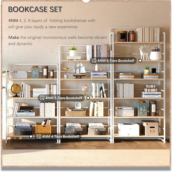 4NM No Assembly Extra Wide 5 Tiers Folding Bookshelf Storage Shelves Vintage Bookcase Standing Racks Study Organizer Home Office (Natural White)