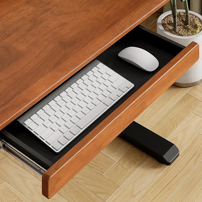 ONBRILL Standing Desk with Drawer, 55x23.6 Inches Solid Wood Desktop Stand Up Desk with Whole-Piece Board and Storage Shelf, Adjustable Height from 28-46 Inches for Home & Office, Brown