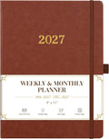Vondafe 2027 Planner Weekly and Monthly, Jan. 2027 - Dec. 2027, 9" x 11" | Inner Pocket + Elastic Closure + Pen Loop + Bookmarks, Leather Hardcover, Brown, Calendar Planner 2027 for office planning