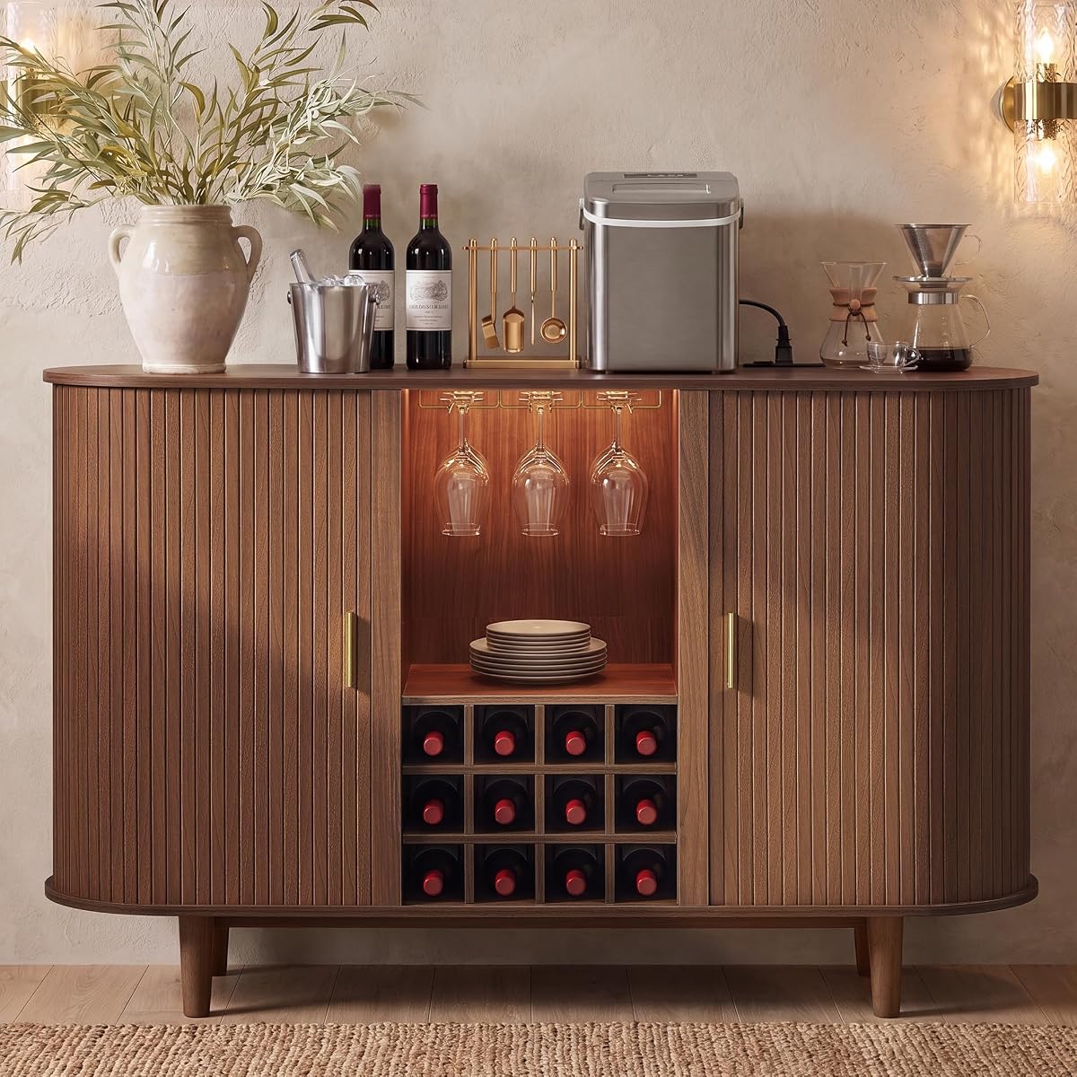 Storage Cabinet, Sideboard with LED Lights and Power Strip
