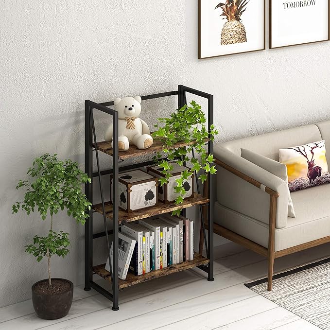 4NM No Assembly Folding Bookshelf Storage Shelves 3 Tiers Vintage Bookcase Standing Racks Study Organizer Home Office (Rustic Brown Black)