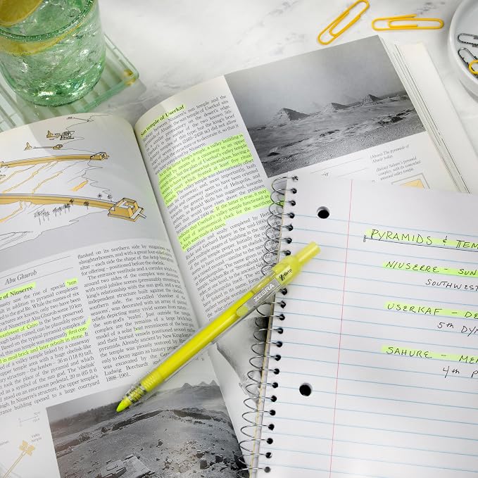 Zebra Pen Z-Grip Retractable Highlighter, Yellow, Chisel Tip, 5-Pack | Metal Clip, Ideal for School, Office and Teacher Supplies, Note-Taking, Studying, and Planners, Transparent Barrel (71255)