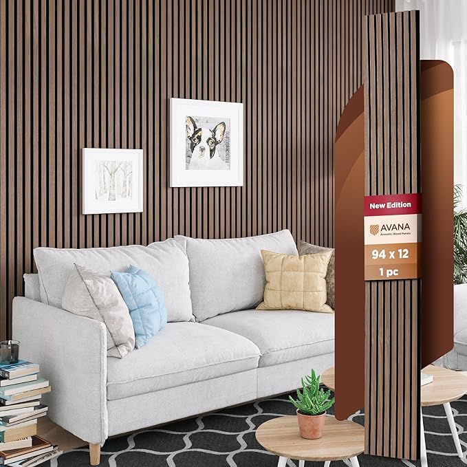 Avana Modern Acoustic Wood Wall Panels – 94.4 x 12.6 Inch Walnut Acoustic Panels 1 PC – Wall Panels For Interior Wall Decor For Homes, Offices, Studios – Sturdy & Durable Wood Panels For Wall