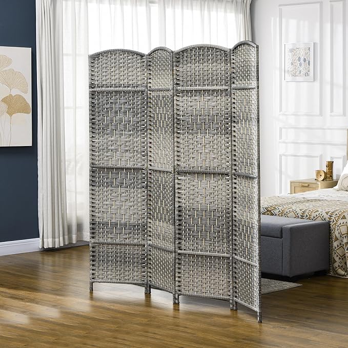 HOMCOM 4 Panel Room Divider, 6' Tall Folding Privacy Screen, Hand-Woven Freestanding Wood Partition for Home Office, Bedroom, Mixed Gray