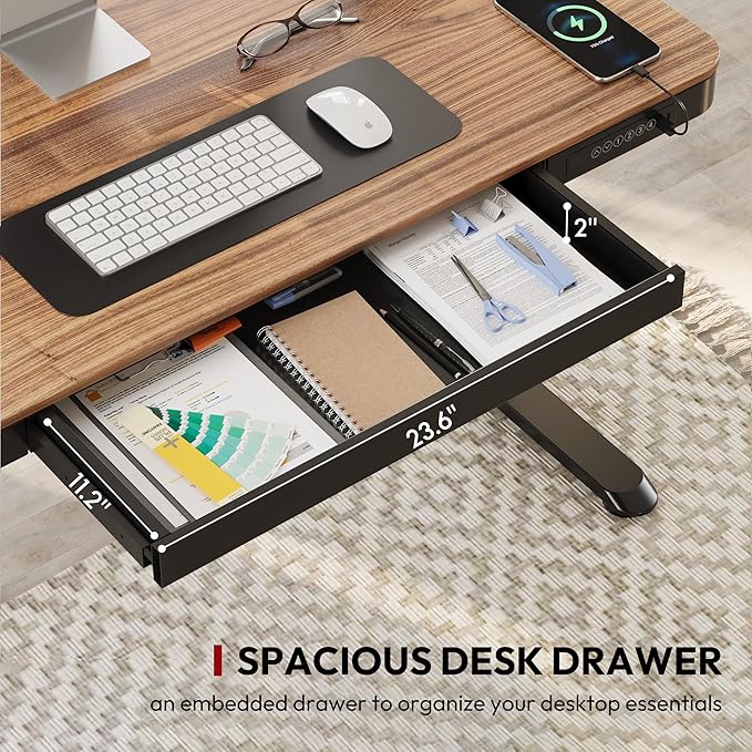 Standing Desk with Drawer, Electric Height Adjustable Home Office Desk with Storage & USB Ports, 48 inch Black Walnut Wood Tabletop/Black Frame