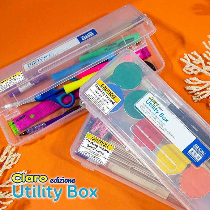 BAZIC PRODUCTS Clear Ruler-Length Pencil Box, 4-Pack | 13 3/8 x 5 3/8 x 2 1/2 in, snap-latch lid for long supplies